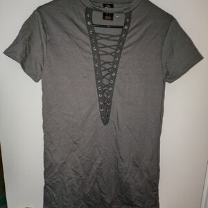 Gray Short Sleeve Lace-Up Tee